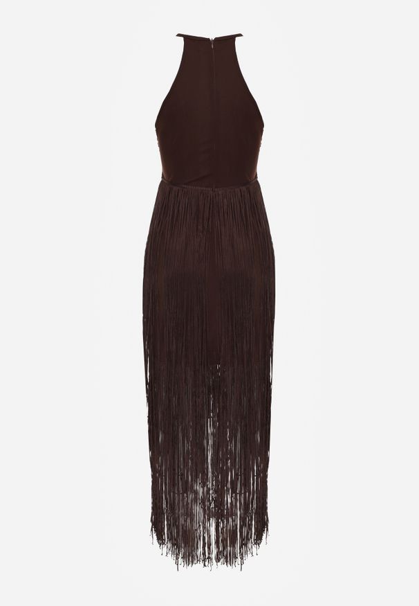 Renee - Brązowa Sukienka Wieczorowa na Ramiączkach z Ozdobnymi Frędzlami Glystarish. Kolor: brązowy. Długość rękawa: na ramiączkach. Styl: wizytowy. Długość: maxi