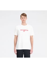 Koszulka męska New Balance MT33529WT – biała. Kolor: biały. Materiał: bawełna, materiał, poliester. Długość rękawa: krótki rękaw. Długość: krótkie. Wzór: napisy