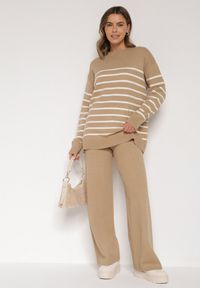 Born2be - Ciemnobeżowy Komplet z Wełną i Bawełną Sweter w Paski i Szerokie Spodnie Neveena. Kolor: beżowy. Materiał: wełna, bawełna. Wzór: paski #2