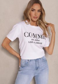 Renee - Biały T-shirt z Bawełny Ozdobiony Napisami Sanelna. Okazja: na co dzień. Kolor: biały. Materiał: bawełna. Wzór: aplikacja, napisy. Styl: casual, elegancki #1