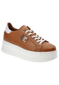 Brązowe Sneakersy Carinii Modne Buty Damskie. Okazja: na co dzień. Kolor: brązowy. Materiał: skóra. Szerokość cholewki: normalna. Wzór: aplikacja. Sezon: jesień, wiosna. Obcas: na platformie. Styl: casual, elegancki