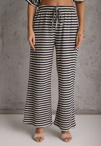 Renee - Beżowo-Granatowy Komplet Oversize Stylizowany na Dziergany T-shirt i Luźne Spodnie w Paski Relorin. Kolor: beżowy. Materiał: dziergany. Wzór: paski #4