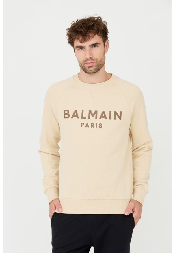 Balmain - BALMAIN Beżowa męska bluza Printed Sweatshirt, Rozmiar 3XL. Kolor: beżowy