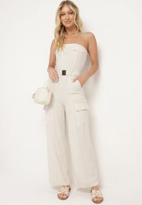Born2be - Jasnobeżowy Kombinezon Zwężany w Talii Lnem i Wiskozą Qurefia. Okazja: na co dzień. Kolor: beżowy. Materiał: len, wiskoza. Długość: długie. Styl: casual, elegancki #2