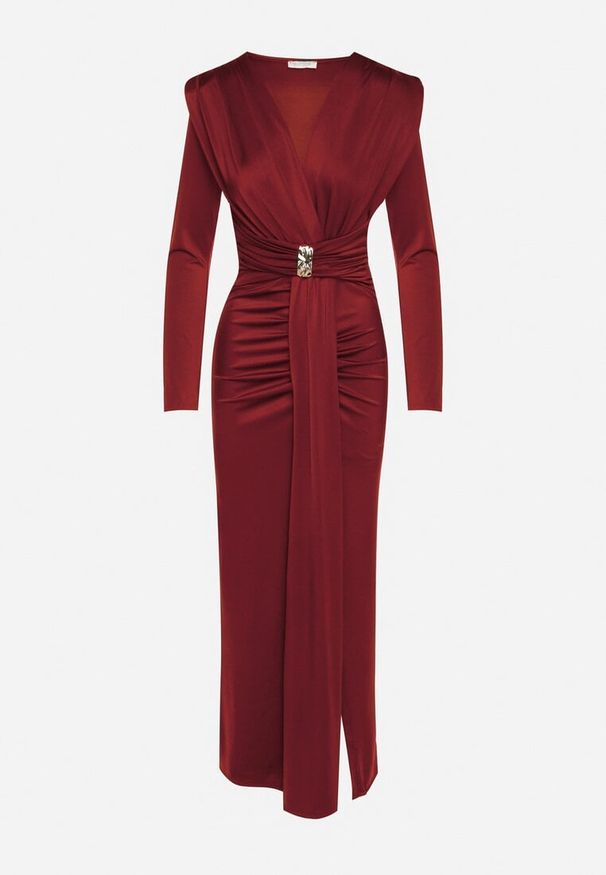 Born2be - Bordowa Elegancka Sukienka z Trenem i Rozcięciem Atissa. Okazja: na imprezę. Kolor: czerwony. Wzór: aplikacja. Styl: elegancki