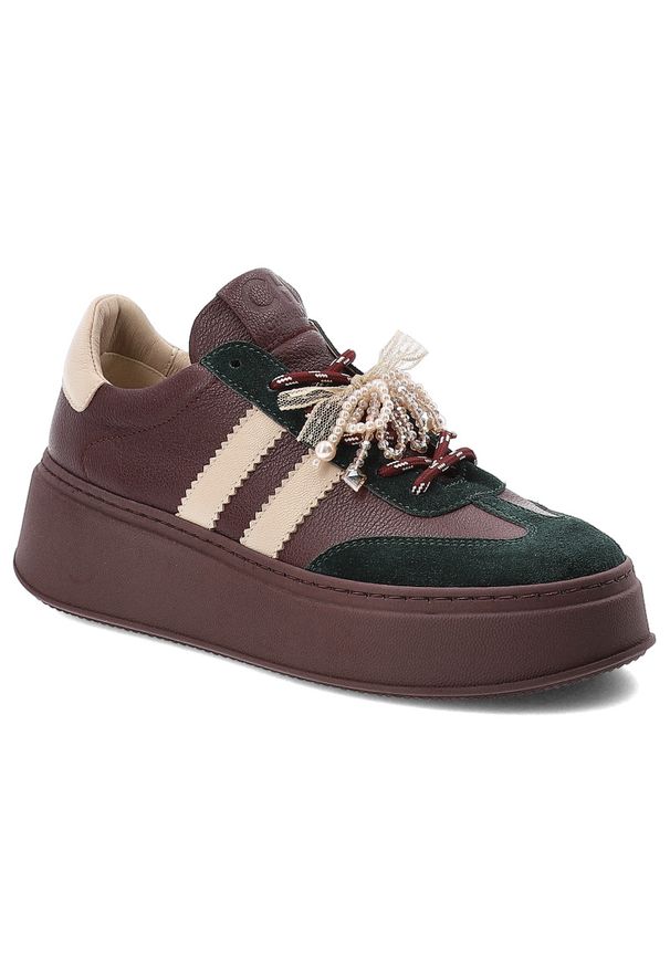 CheBello - Bordowe Sneakersy Chebello Stylowe Obuwie Damskie. Zapięcie: sznurówki. Kolor: czerwony. Materiał: jeans, zamsz, skóra. Obcas: na platformie. Styl: elegancki