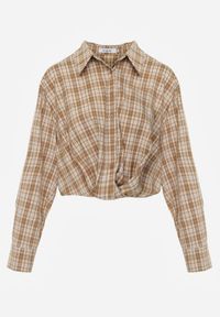 Renee - Beżowa Koszula z Bawełny Typu Crop w Kratę Ozdobiona Marszczeniem Risettes. Okazja: na co dzień. Kolor: beżowy. Materiał: bawełna. Wzór: aplikacja. Styl: casual #4