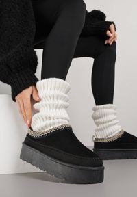 Born2be - Czarne Śniegowce Ocieplone na Platformie z Ozdobnym Wyszywaniem Reitenna. Okazja: na co dzień. Kolor: czarny. Materiał: jeans. Obcas: na platformie. Styl: elegancki, casual, klasyczny #3
