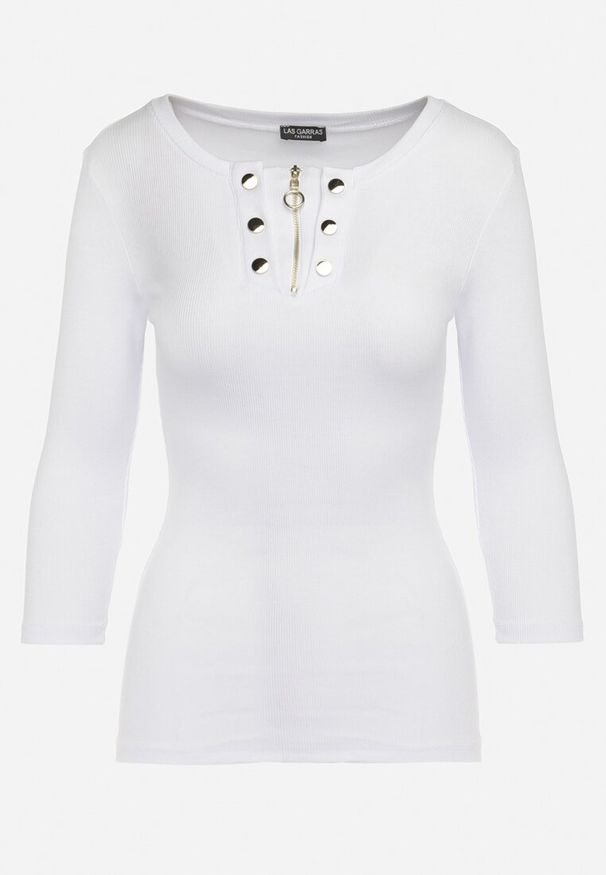 Born2be - Biała Bawełniana Bluzka z Prążkowanej Dzianiny Zapinana na Suwak przy Dekolcie Hlavaria. Kolor: biały. Materiał: prążkowany, dzianina, bawełna