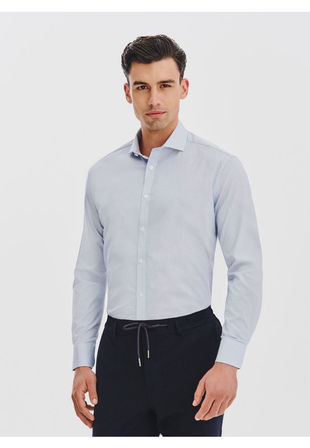 Pako Lorente - PAKO LORENTE - Koszula z niebieskim wzorem geometrycznym. Kolor: niebieski. Materiał: bawełna, elastan. Długość rękawa: długi rękaw. Długość: długie. Wzór: geometria