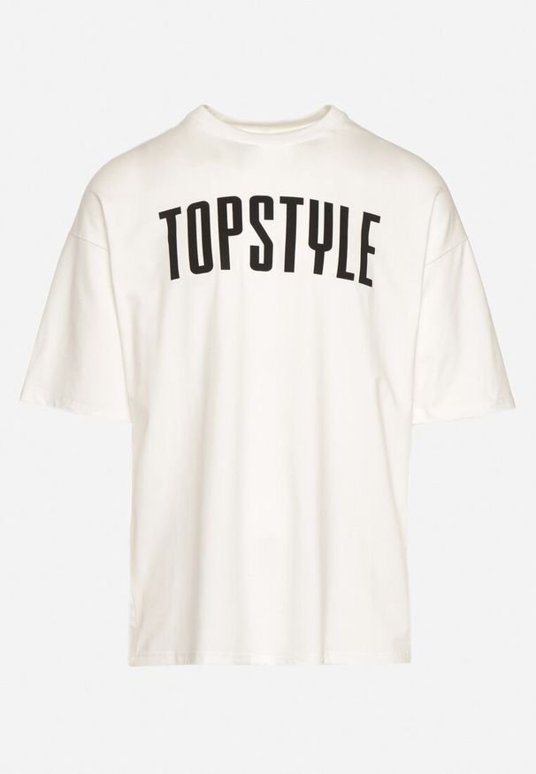 Born2be - Biała Bawełniana Koszulka z Krótkim Rękawem i Ozdobnymi Nadrukami na Plecach i z Przodu Azariel. Okazja: na co dzień. Kolor: biały. Materiał: bawełna. Długość rękawa: krótki rękaw. Długość: krótkie. Wzór: nadruk. Styl: casual