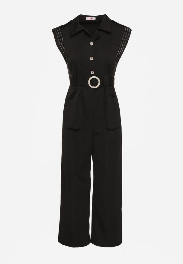 Born2be - Czarny Taliowany Kombinezon z Guzikami i Cyrkoniami Lumalise. Kolor: czarny. Styl: glamour, klasyczny