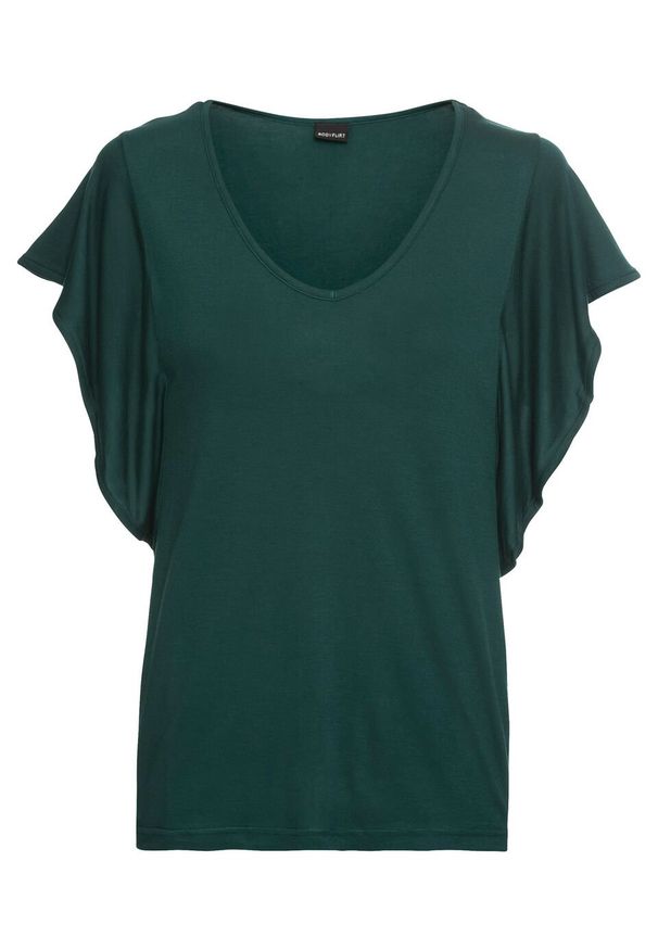 Shirt z falbanowymi rękawami bonprix głęboki zielony. Typ kołnierza: dekolt w serek. Kolor: zielony. Styl: elegancki