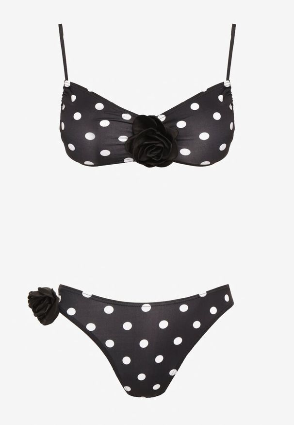 Renee - Czarne Bikini w Grochy z Kwiatowymi Aplikacjami Biustonosz i Figi Loritia. Kolor: czarny. Materiał: jeans. Wzór: aplikacja, kwiaty, grochy