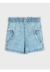 Sinsay - Szorty jeansowe paperbag z koronkową aplikacją w kształcie serc - niebieski. Kolor: niebieski. Materiał: jeans, koronka. Wzór: aplikacja #1