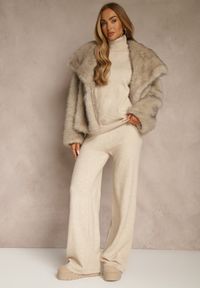 Renee - Jasnobeżowy Komplet Dzianinowy z Wełną i Bawełną Szerokie Spodnie i Golf Lennria. Kolor: beżowy. Materiał: wełna, dzianina, bawełna #4