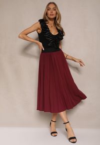 Renee - Bordowa Casualowa Spódnica Plisowana z Gumką w Pasie Velentina. Okazja: na co dzień. Kolor: czerwony. Materiał: koronka. Styl: casual