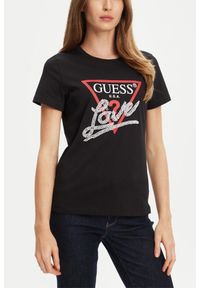 Guess - GUESS Czarny damski t-shirt Pearls Love. Kolor: czarny