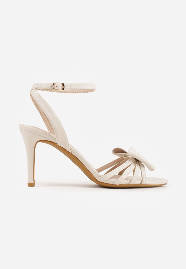 Renee - Beżowe Sandały na Szpilce VICES Ozdobione z Przodu Kokardką Sparkle. Zapięcie: sprzączka. Kolor: beżowy. Materiał: satyna, tiul. Wzór: aplikacja. Obcas: na szpilce