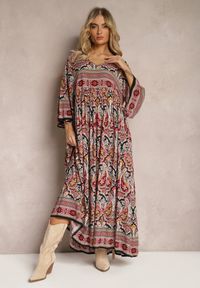 Renee - Czarno-Bordowa Rozkloszowana Sukienka we Wzór Paisley z Rękawem 3/4 Briarwa. Okazja: na co dzień. Kolor: czarny. Wzór: paisley. Styl: elegancki, casual #4