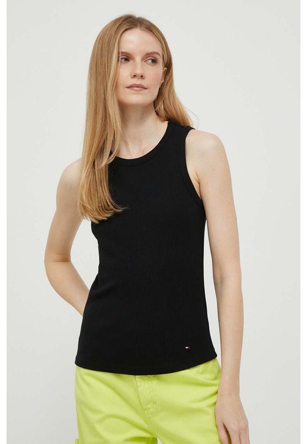 TOMMY HILFIGER - Tommy Hilfiger top damski kolor czarny. Kolor: czarny. Materiał: włókno, dzianina. Długość rękawa: na ramiączkach. Wzór: gładki