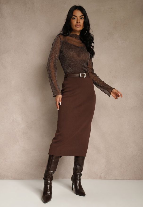 Renee - Brązowa Spódnica o Ołówkowym Kroju z Wiskozą z Paskiem i Rozcięciem Saweda. Okazja: na co dzień. Kolor: brązowy. Materiał: wiskoza. Styl: casual, elegancki