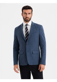 Ombre Clothing - Elegancka marynarka męska SLIM FIT z rayonem – ciemnoniebieska V3. Kolor: niebieski. Materiał: tkanina, poliester, materiał. Wzór: ze splotem. Styl: elegancki #9