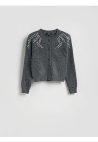 Reserved - Kardigan z aplikacjami - ciemnoszary. Kolor: szary. Materiał: dzianina, wełna. Wzór: aplikacja #1