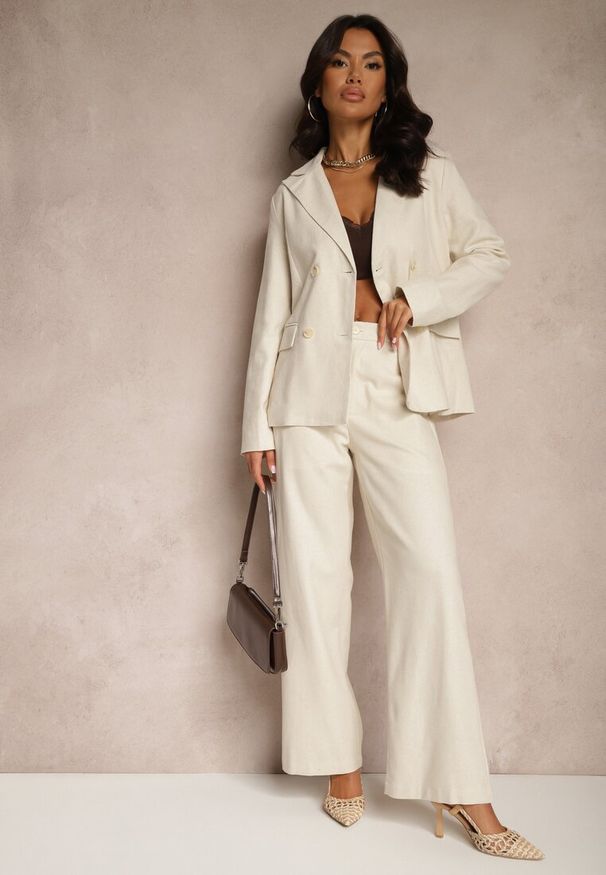 Renee - Beżowa Marynarka z Bawełną i Lnem o Kroju Dwurzędowym Fenolea. Okazja: na co dzień, na spotkanie biznesowe. Kolor: beżowy. Materiał: len, bawełna. Sezon: wiosna, lato. Styl: biznesowy, casual, elegancki