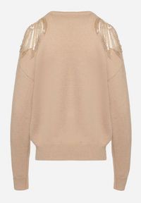 Born2be - Ciemnobeżowy Sweter z Siateczkowymi Wstawkami z Cekinami Perełkami i Koralikami Evoriana. Okazja: na co dzień. Kolor: beżowy. Materiał: jeans. Styl: glamour, elegancki, casual