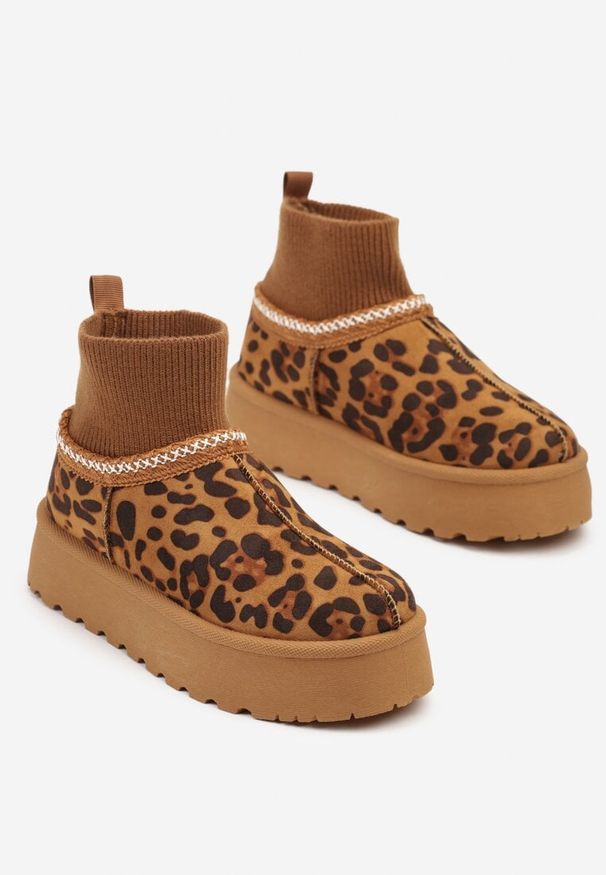 Born2be - Panterkowo-Brązowe Śniegowce na Grubej Podeszwie z Elastyczną Cholewką Nilevelia. Okazja: na co dzień. Kolor: brązowy. Materiał: jeans. Szerokość cholewki: normalna. Styl: casual