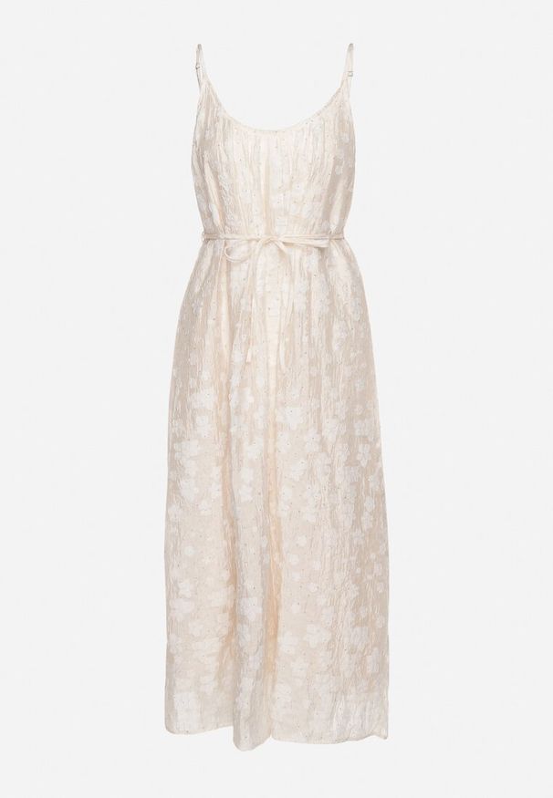 Born2be - Beżowa Sukienka na Regulowanych Ramiączkach Ozdobiona Cyrkoniami z Materiałowym Paskiem Selolia. Okazja: na co dzień. Typ kołnierza: dekolt w kształcie V. Kolor: beżowy. Materiał: materiał. Długość rękawa: na ramiączkach. Wzór: aplikacja. Typ sukienki: proste. Styl: casual