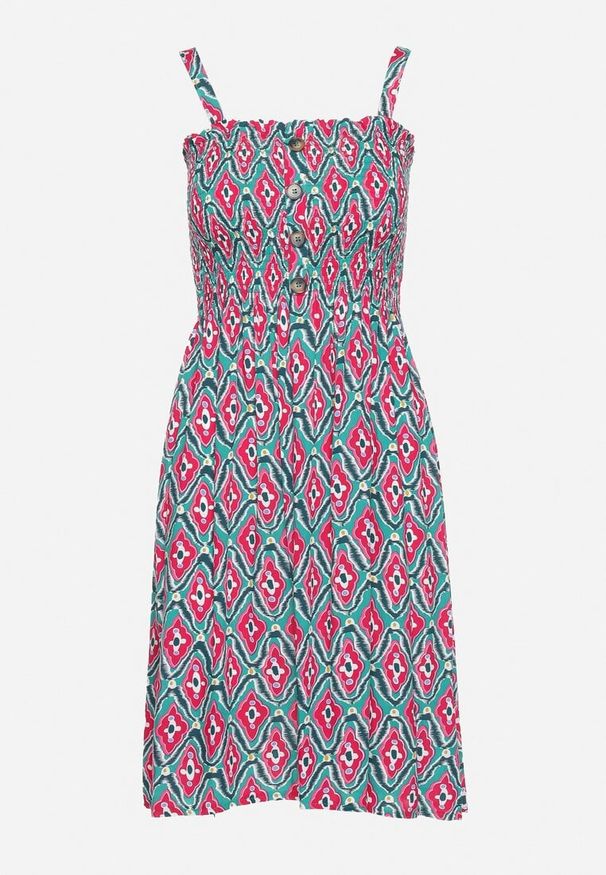 Born2be - Zielono-Różowa Rozkloszowana Sukienka z Wiskozy z Regulowanymi Ramiączkami i Marszczoną Górą Jovemia. Okazja: na spacer, na co dzień, na plażę. Kolor: zielony. Materiał: wiskoza. Długość rękawa: na ramiączkach. Sezon: lato. Typ sukienki: proste. Styl: casual, klasyczny, wakacyjny