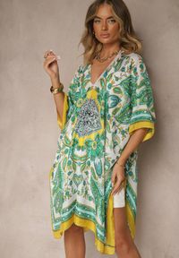 Renee - Żółte Ponczo Narzutka z Wiskozy i Jedwabiu w Stylu Boho Acera. Okazja: na plażę. Typ kołnierza: dekolt w serek. Kolor: żółty. Materiał: wiskoza, jedwab. Wzór: aplikacja, gładki. Styl: boho #5