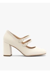 Ryłko - Kremowe czółenka damskie z dekoracyjnymi paskami. Zapięcie: pasek. Kolor: beżowy. Materiał: skóra. Obcas: na obcasie. Styl: street. Wysokość obcasa: średni #1