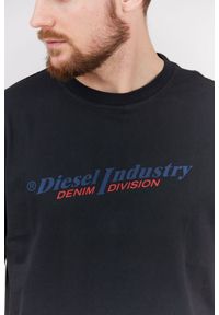 Diesel - DIESEL Czarny t-shirt męski z granatowym logo. Kolor: czarny. Materiał: prążkowany #3