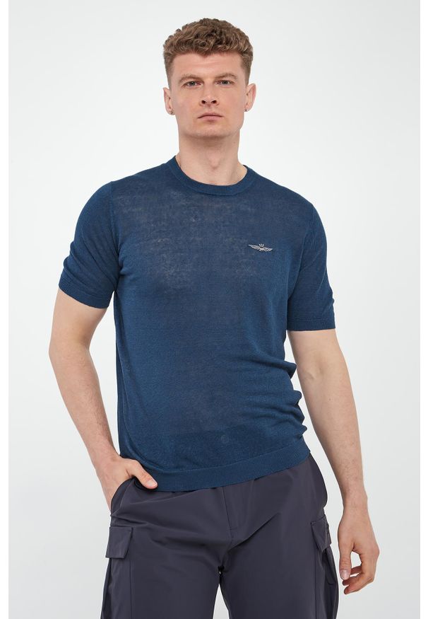 Aeronautica Militare - Sweter męski lniany z krótkim rękawem AERONAUTICA MILITARE. Materiał: len. Długość rękawa: krótki rękaw. Długość: krótkie