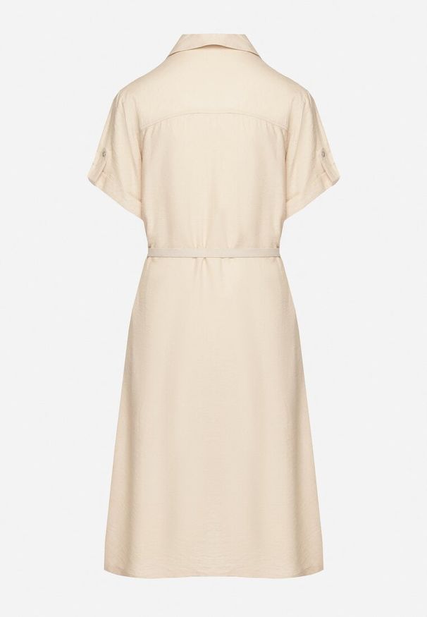 Born2be - Beżowa Wiskozowa Sukienka o Koszulowym Kroju z Paskiem Nelavyn. Okazja: do pracy, na co dzień. Kolor: beżowy. Materiał: wiskoza. Długość rękawa: krótki rękaw. Typ sukienki: koszulowe. Styl: elegancki, casual