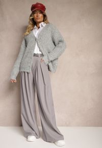 Renee - Szare Spodnie Palazzo High Waist z Szerokimi Nogawkami i Paskiem z Metalową Klamrą Oinna. Okazja: do pracy, na co dzień. Stan: podwyższony. Kolor: szary. Styl: klasyczny, casual, elegancki
