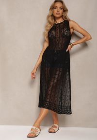 Renee - Czarna Boho Tunika Narzutka o Ażurowym Wykończeniu bez Rękawów Lerantalia. Okazja: na spacer. Kolor: czarny. Materiał: tkanina. Długość rękawa: bez rękawów. Wzór: ażurowy. Sezon: lato. Styl: boho #4