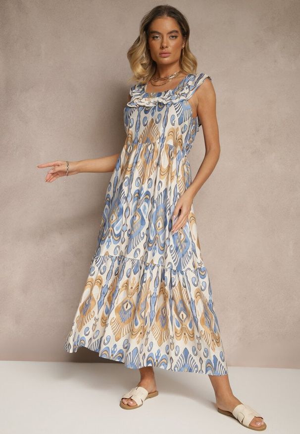 Renee - Niebieska Sukienka Rozkloszowana Wiskozowa Wiązana na Plecach we Wzór Boho Turieza. Okazja: na co dzień. Kolor: niebieski. Materiał: wiskoza. Typ sukienki: proste. Styl: boho