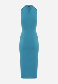 Born2be - Niebieska Sukienka z Półgolfem z Rozcięciem na Przodzie Aelwyn. Okazja: na imprezę, na co dzień. Kolor: niebieski. Materiał: skóra. Długość rękawa: krótki rękaw. Styl: casual #2