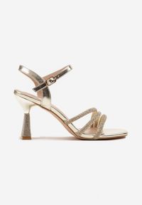 Born2be - Złote Sandały na Stożkowym Obcasie z Cyrkoniami Redionee. Okazja: na randkę, na spotkanie biznesowe. Zapięcie: sprzączka. Kolor: złoty. Wzór: aplikacja. Sezon: lato. Obcas: na obcasie. Styl: biznesowy, klasyczny, elegancki. Wysokość obcasa: średni #5