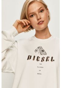 Diesel - Bluza. Okazja: na co dzień. Typ kołnierza: bez kaptura. Kolor: biały. Materiał: bawełna, dzianina. Długość rękawa: długi rękaw. Długość: długie. Wzór: aplikacja. Styl: casual #1