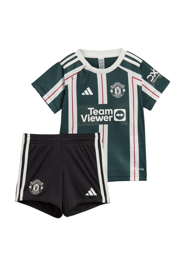 Adidas - Zestaw Manchester United 23/24 Away Kids. Kolor: zielony, biały, wielokolorowy, czerwony. Materiał: materiał. Wzór: paski