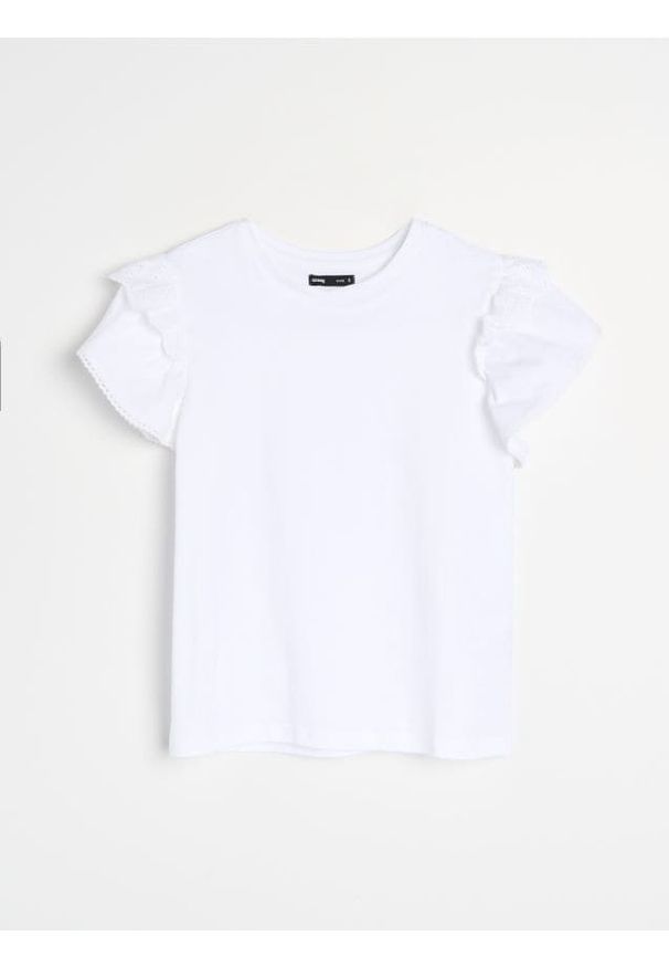 Sinsay - Bawełniana koszulka z ozdobnymi falbankami - biały. Typ kołnierza: kołnierz z falbankami. Kolor: biały. Materiał: bawełna