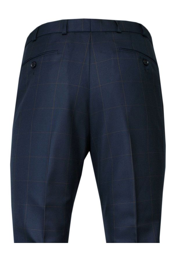 Victorio - Garnitur, Granatowo-Brązowy w Kratkę Zapinany na Dwa Guziki, SLIM, Spodnie w Kant -VICTORIO. Kolor: brązowy, niebieski, wielokolorowy. Materiał: wiskoza, poliester. Wzór: kratka