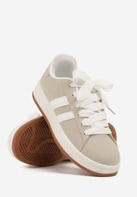 Renee - Beżowe Sneakersy Ozdobione Motywem Pasków Flortewi. Nosek buta: okrągły. Zapięcie: pasek. Kolor: beżowy. Materiał: nubuk, syntetyk. Wzór: aplikacja. Obcas: na obcasie. Wysokość obcasa: niski #4