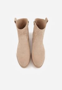 Renee - Ciemnobeżowe Ażurowe Botki na Słupku Typu Kowbojki Iolerine. Okazja: na co dzień. Kolor: beżowy. Materiał: jeans. Wzór: ażurowy. Obcas: na słupku. Styl: casual #2