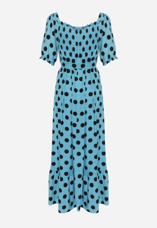 Born2be - Niebiesko-Czarna Sukienka z Bufiastymi Rękawami i Gumkami przy Dekolcie z Falbanką i Paskiem w Talii Tesree. Okazja: na co dzień. Typ kołnierza: dekolt kwadratowy. Kolor: niebieski. Materiał: materiał, bawełna. Styl: casual, retro